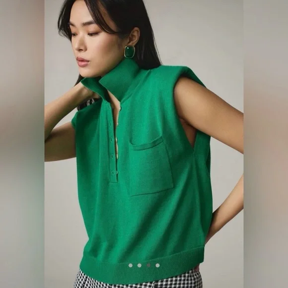 NWT Anthropologie Green Sleeveless Knit Polo Sweater Top Preppy Sporty Size S - Picture 2 of 8
